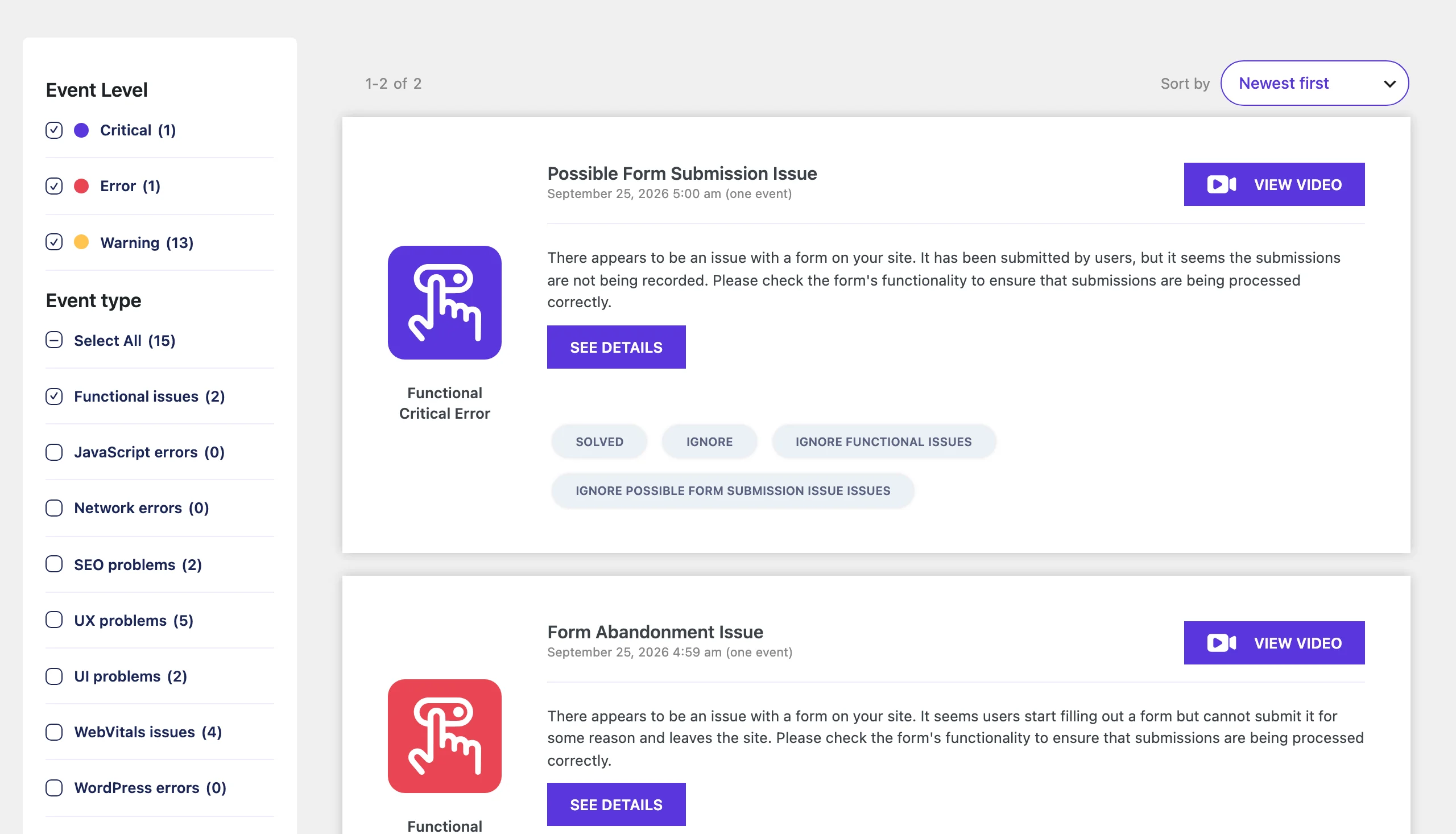 BugMonitor report filtered to functional issues showing a Possible Form Submission Issue and a Form Abandonment Issue