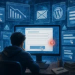 Illustration: a person at a desk in front of a monitor showing a web form that will not submit, surrounded by floating browser windows
