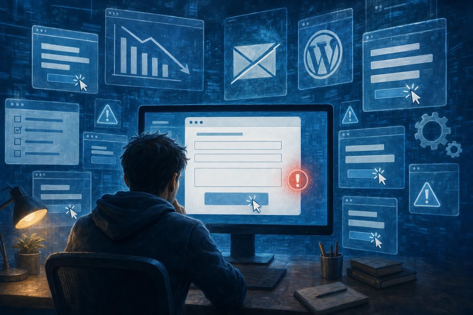 Illustration: a person at a desk in front of a monitor showing a web form that will not submit, surrounded by floating browser windows