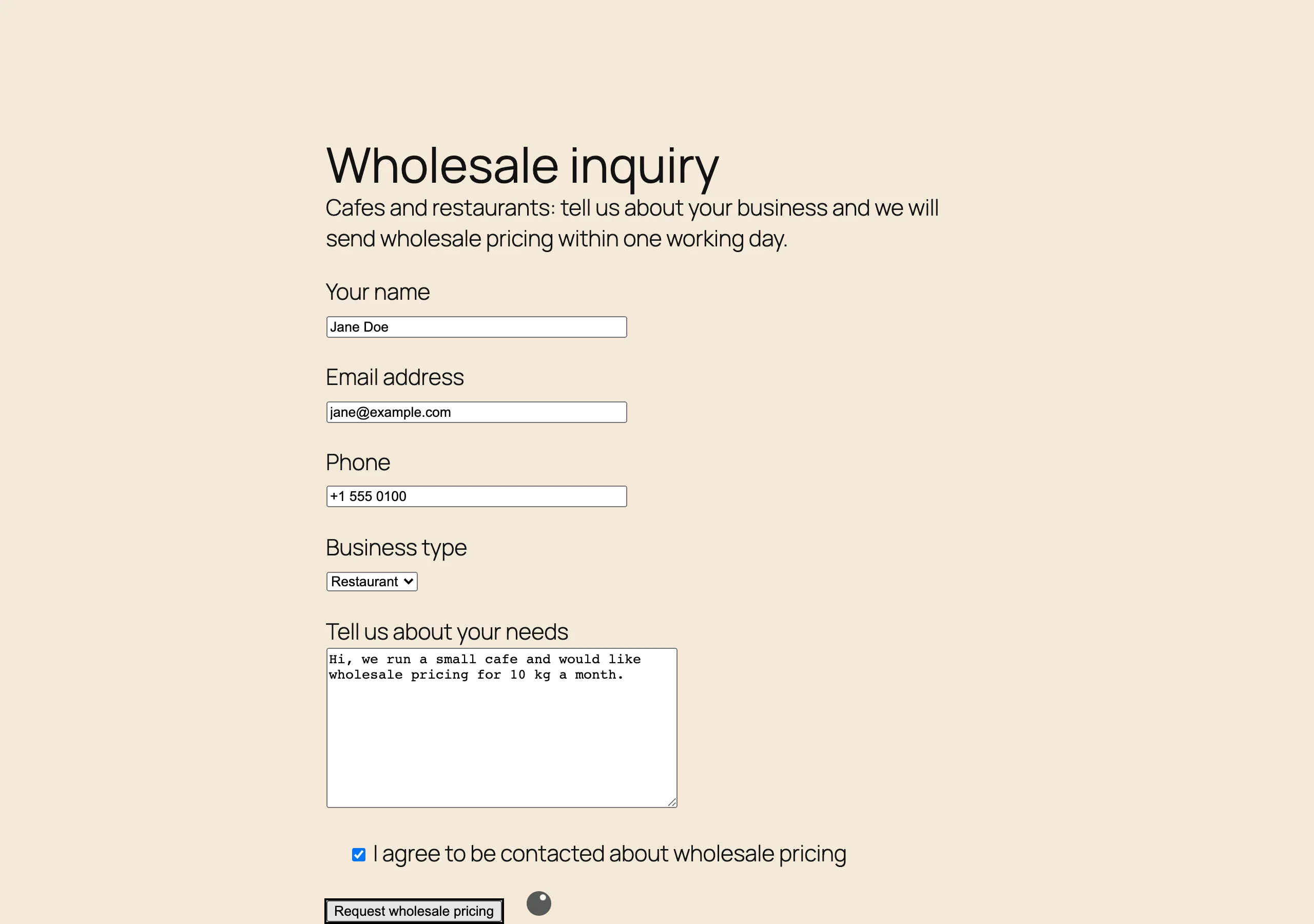 A filled-in Contact Form 7 form with the submit button pressed and only a spinner showing